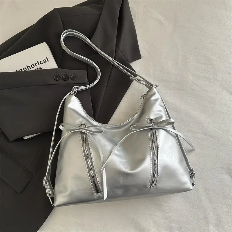 Retro Large Capacity Soft Leather Tote Bag with Knot - Casual Double Shoulder Bag Trendy Sle Women Handbag for Work Qme Silver