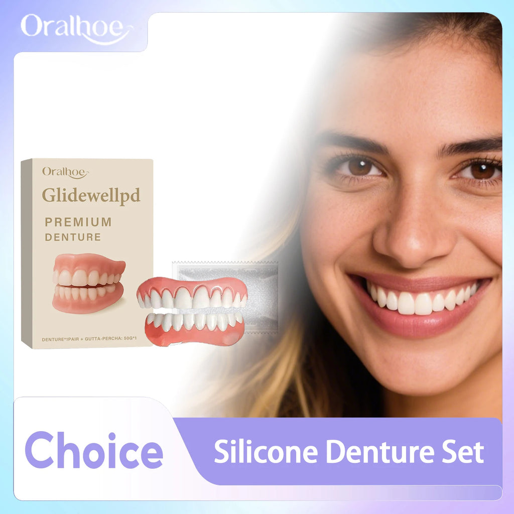Premium Dentures Full Set Natural Improve Dental Caries Narrowing Tooth Gap Upper and Lower Silicone Teeth Denture Repair Kit Qme