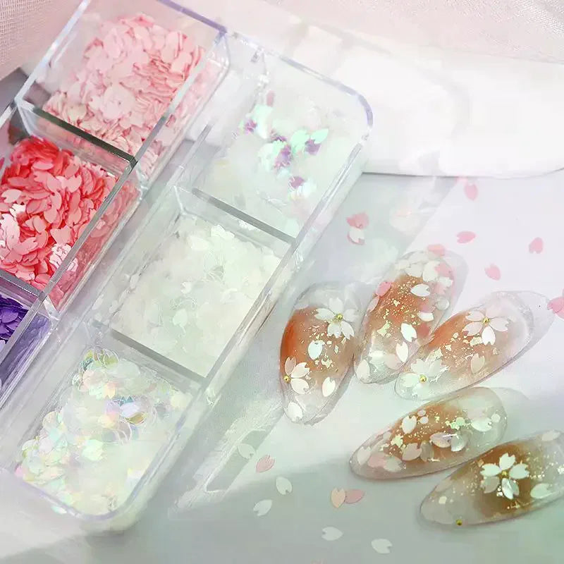 6 Grids Shining Flower Petal Chip Nail Sequins Cherry Blossoms Qme