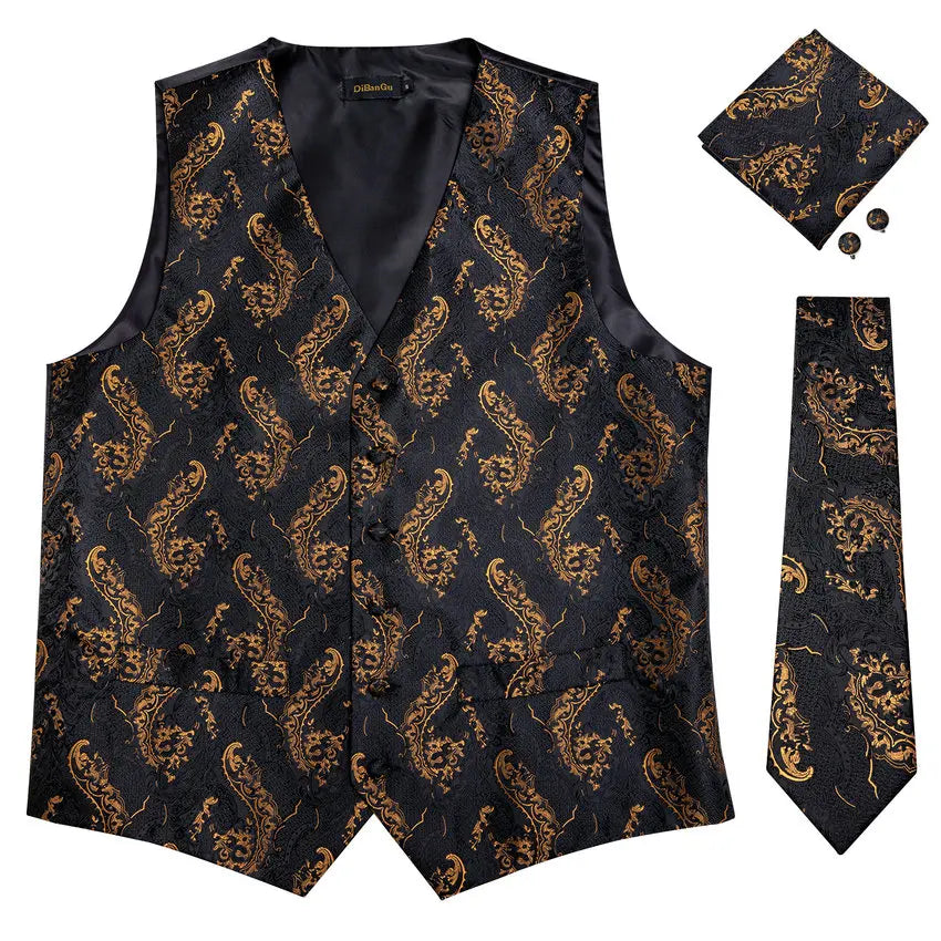 Men's Luxury Paisley Suit Vest & Tie Set – Formal Waistcoat with Necktie Pocket Square, Perfect for Weddings and Business Events Qme