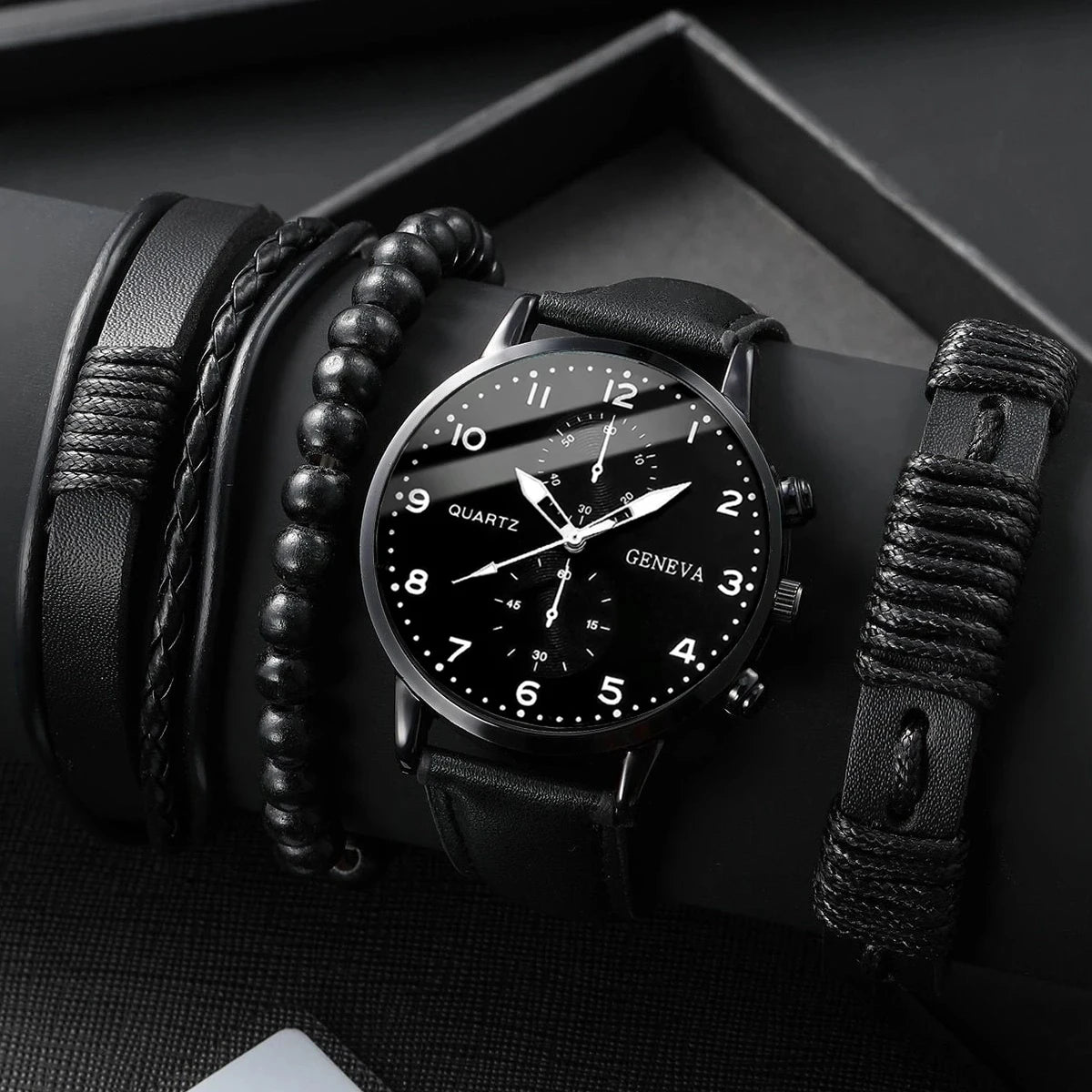 5Pcs Men Geneva Watch Bracelet Set Black Leather Chronograph Quartz Wristwatch Braided Leather Bead Believe Bracelets Jewelry Qme 4PCS Set Without Box