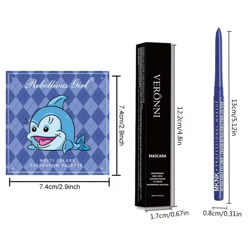 Blue Eye Makeup 9 Matte Glitter Eyeshadow Palette+blue Qme 3pcs