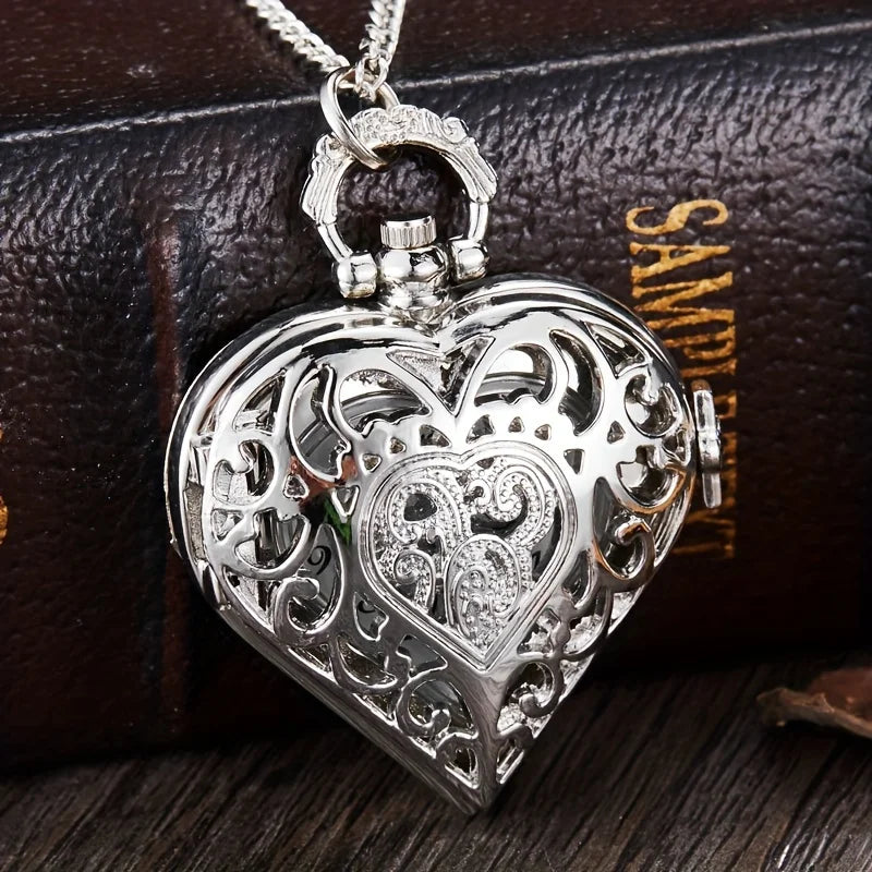 Retro Heart Pointer Quartz Pocket Watch - Hollow Out Analog Necklace Chain Pendant Watch - Perfect Valentines Gift for Her Him Qme