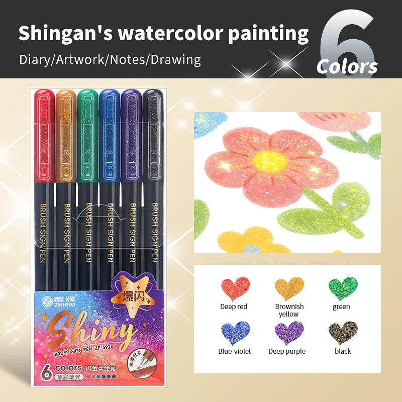 6Pcs Shiny Glitter Calligraphy Markers, Colorful Fluorescent Drawing Pens for DIY Painting Art Craft Stationery Supplies Qme black pen holder C