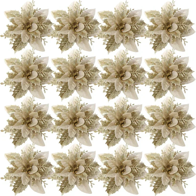 Christmas Red Gold Glitter Flowers Artificial Poinsettia Flower for Xmas Tree Ornaments Navidad New Year Party Home Decoration Qme Gold 30PCS