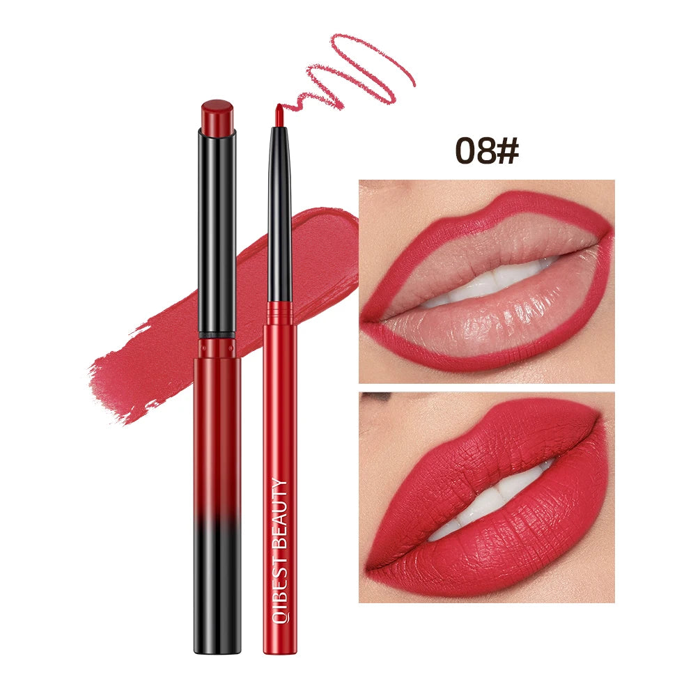 QIBEST 12 Colors Lip Makeup Nude Lipstick Pencil Waterproof Long Lasting Sexy Red Lip Stick Matte Lip Liner Pen Lipstick Qme 08