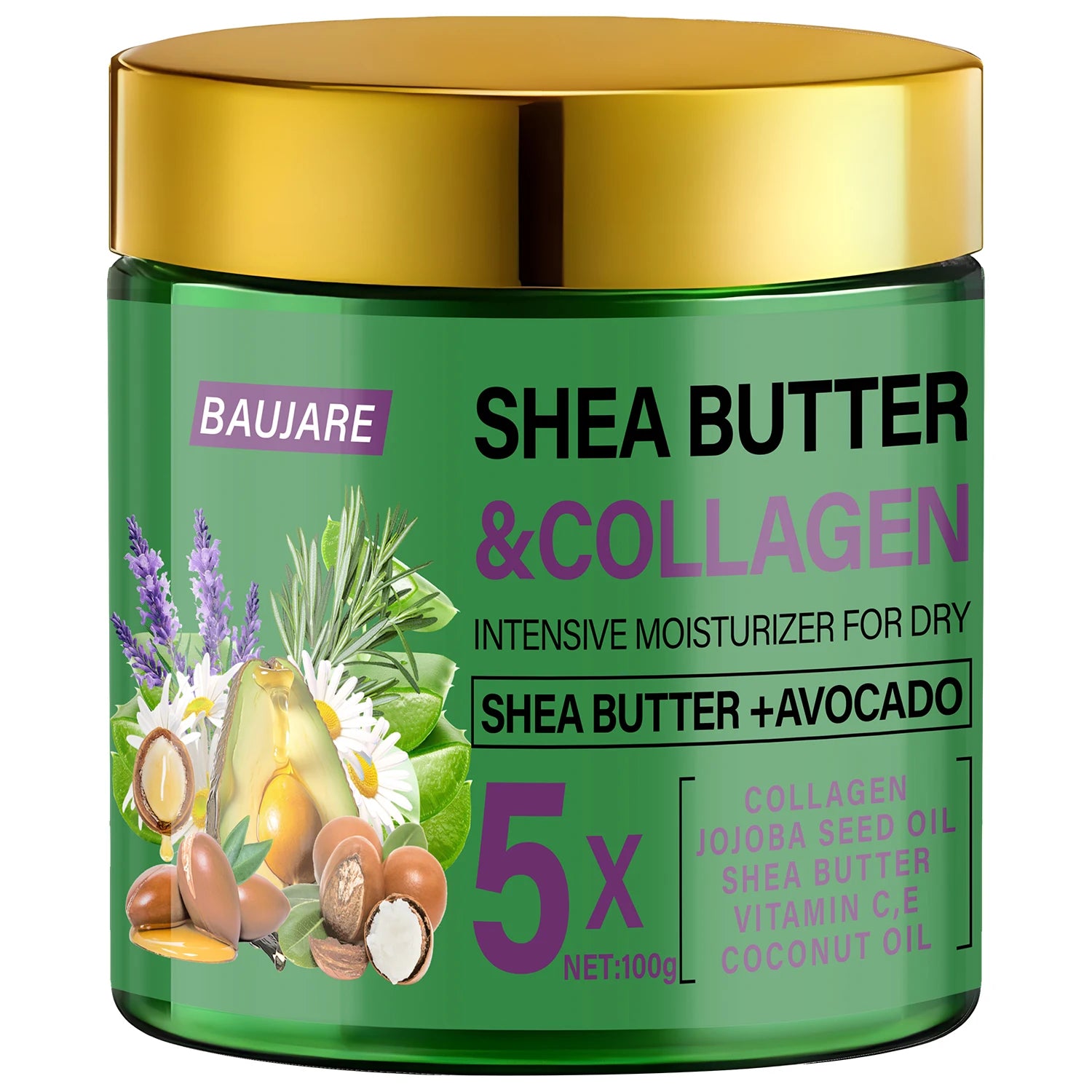 Shea Butter & Collagen Face Cream - Intensive Moisturizer for Dry Skin with Avocado & Hyaluronic Acid Qme Gold 100g
