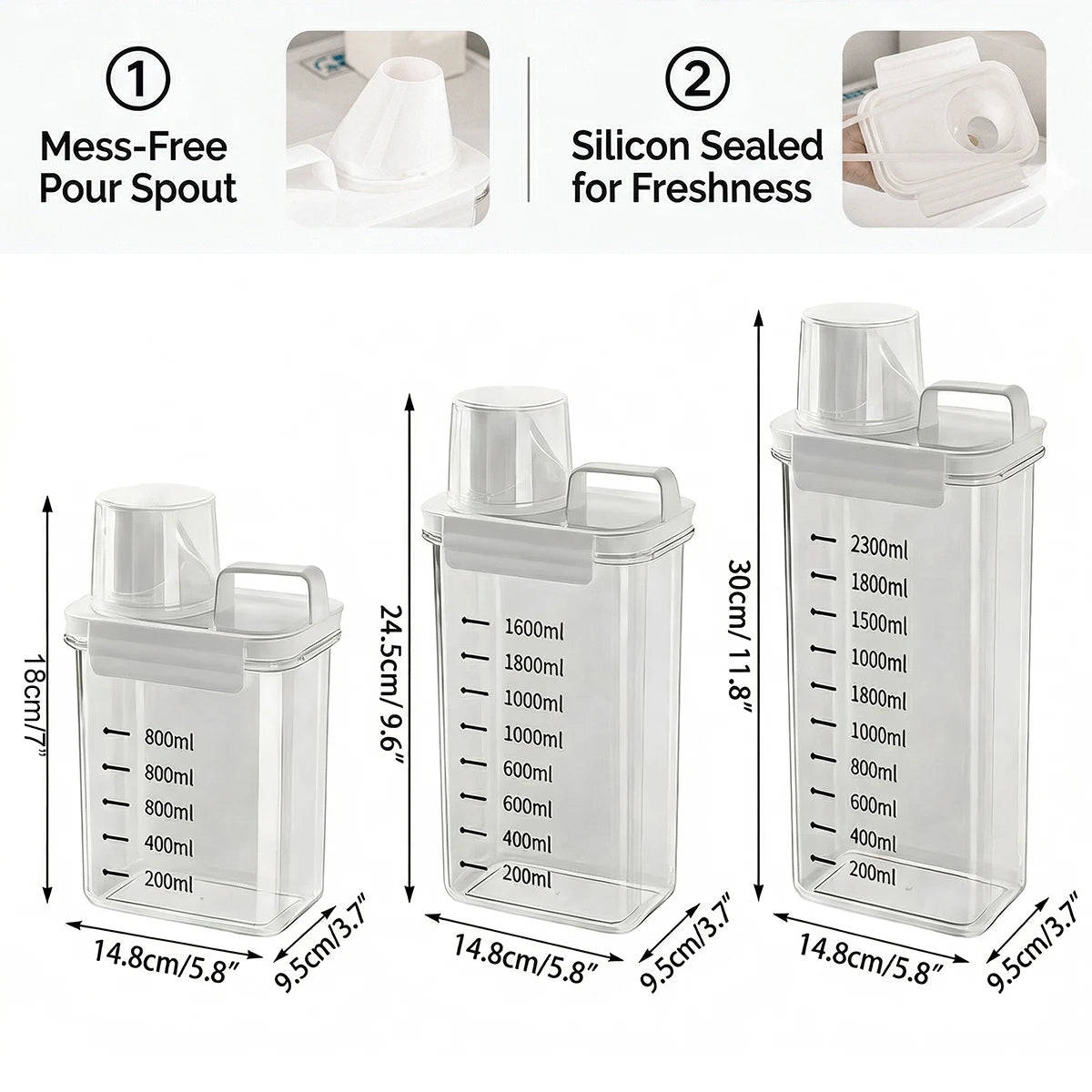 Laundry Detergent Dispenser for Powder & Liquid - Airtight Storage Container with Measuring Cup Lid, Clear Container for Laundry Qme