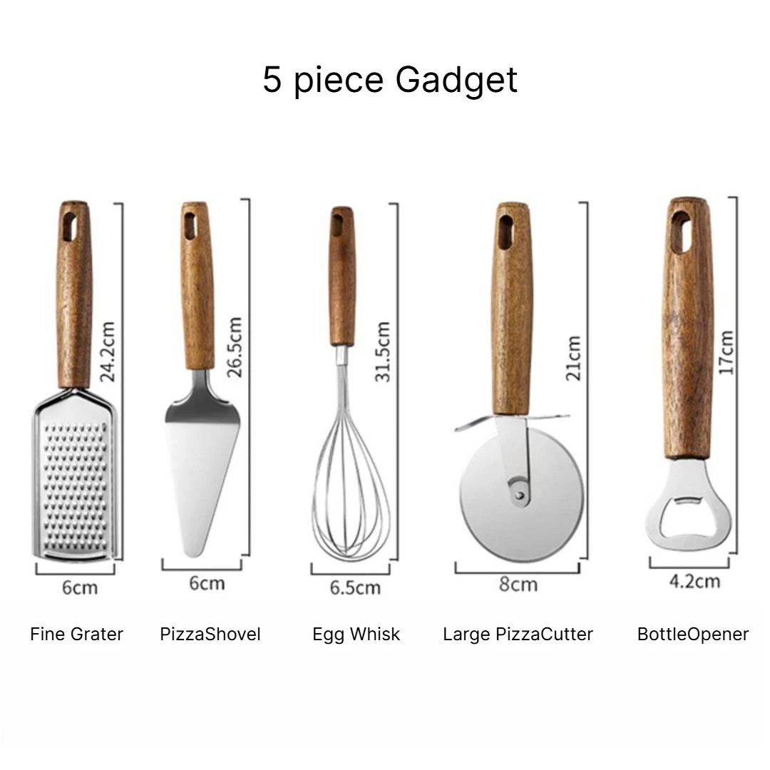 A Multifunctional Kitchen Gadgets Acacia Wood Stainless Steel Peeler Can Opener Egg Beater Pizza Cutter Cheese Spatula Set Qme 5pcs gadgets j