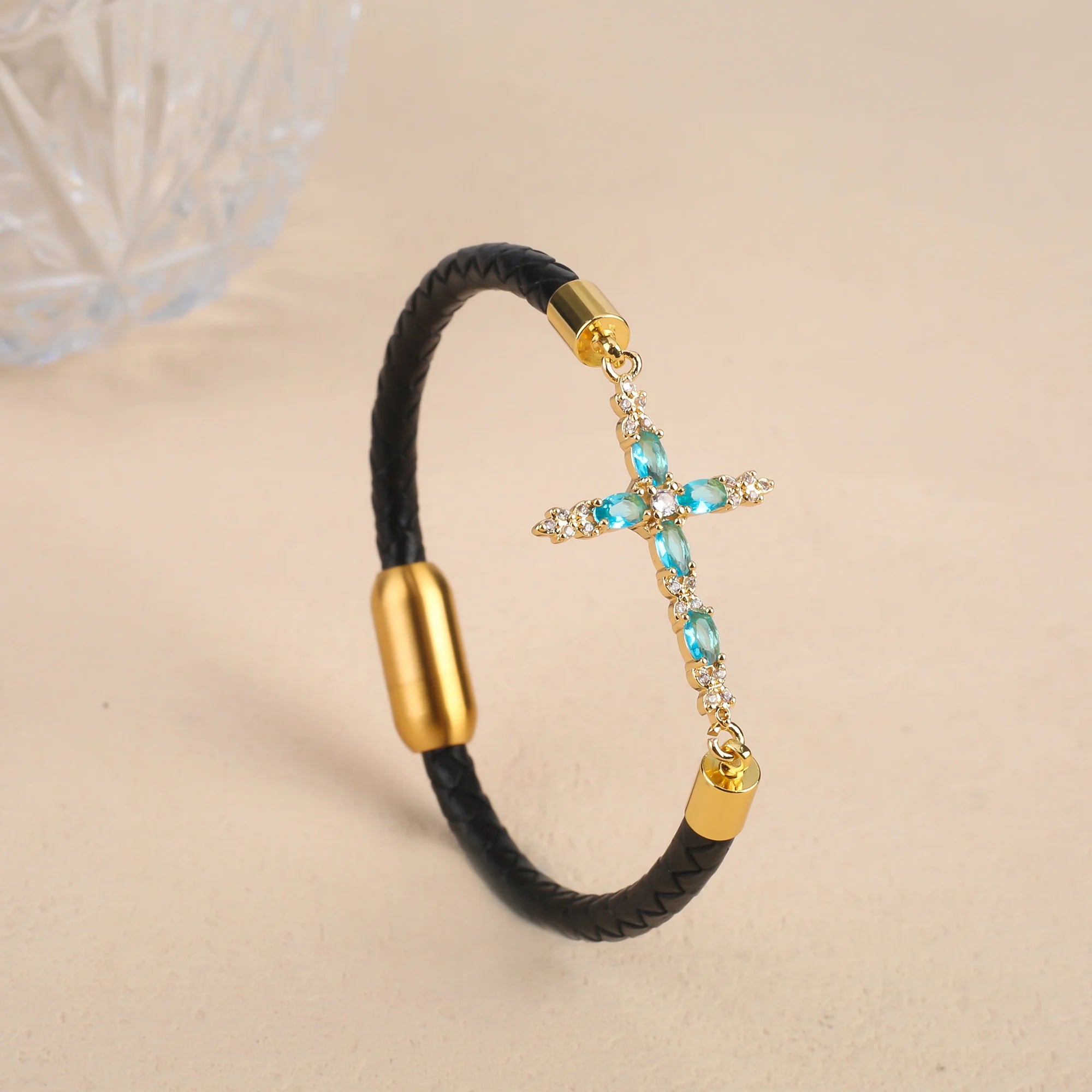 Classic Crystal Cross Leather Bracelet Fashion Religious Jewelry Stainless Steel Wrist Bangle for Couple Friendship Jewelry Gift Qme Blue 17cm Coffee Leather