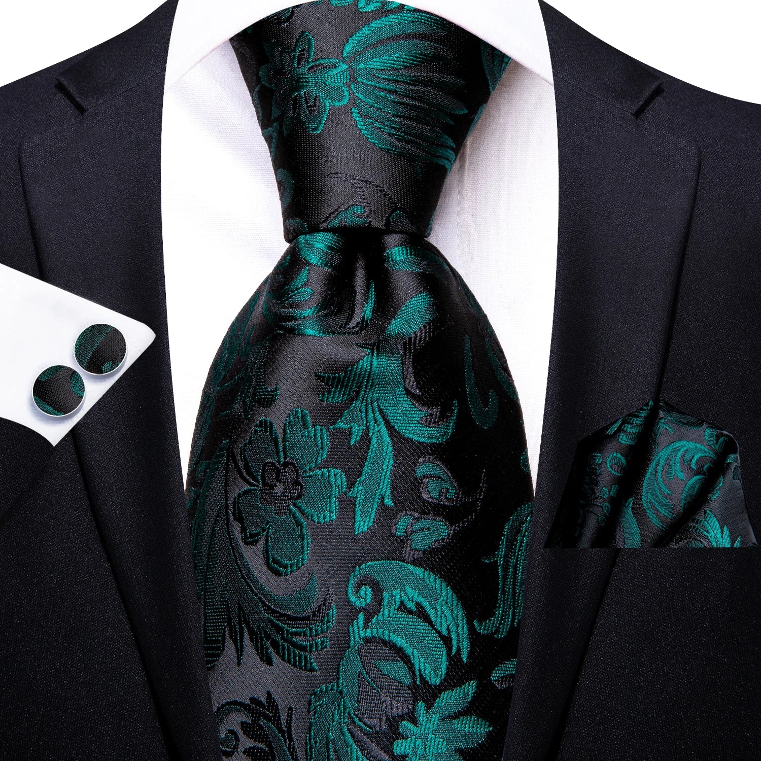 Hi-tie Paisley Dark Green Black Mens Elegant Necktie Handkerchief