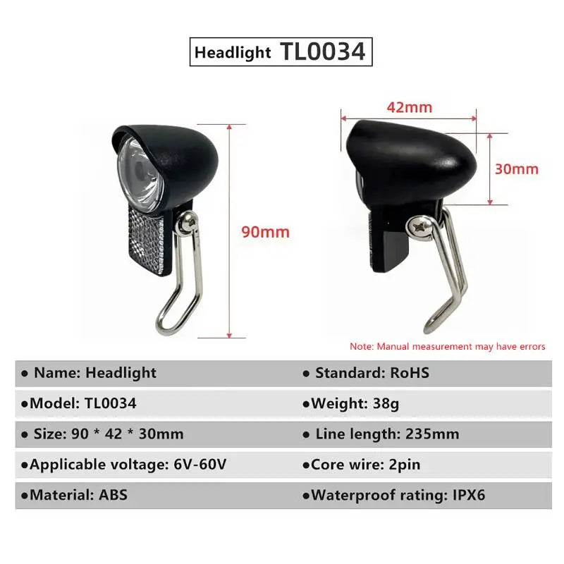 6V-60V Electric Bicycle LED Lighting Headlight Black ABS Waterproof Qme