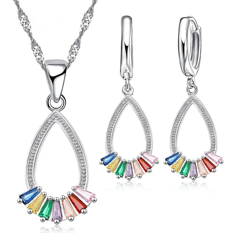 Earrings Necklace Jewelry Sets Real 925 Sterling Silver Color Rainbow Crystal Necklace Earrings for Women Girls Nice Gift Qme Default Title