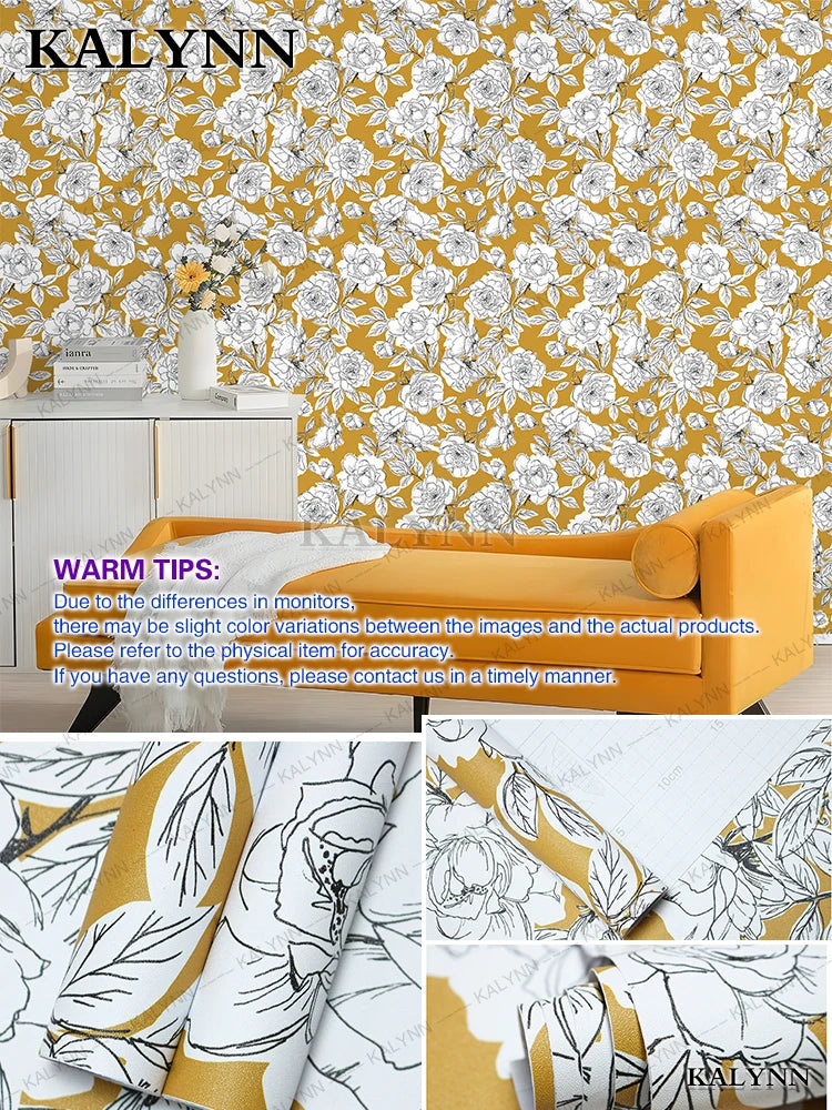 Floral Wall Stickers Self Adhesive Removable Wallpaper Vinyl Contact Qme Yellow Background 16FTx17in(5mx45cm)