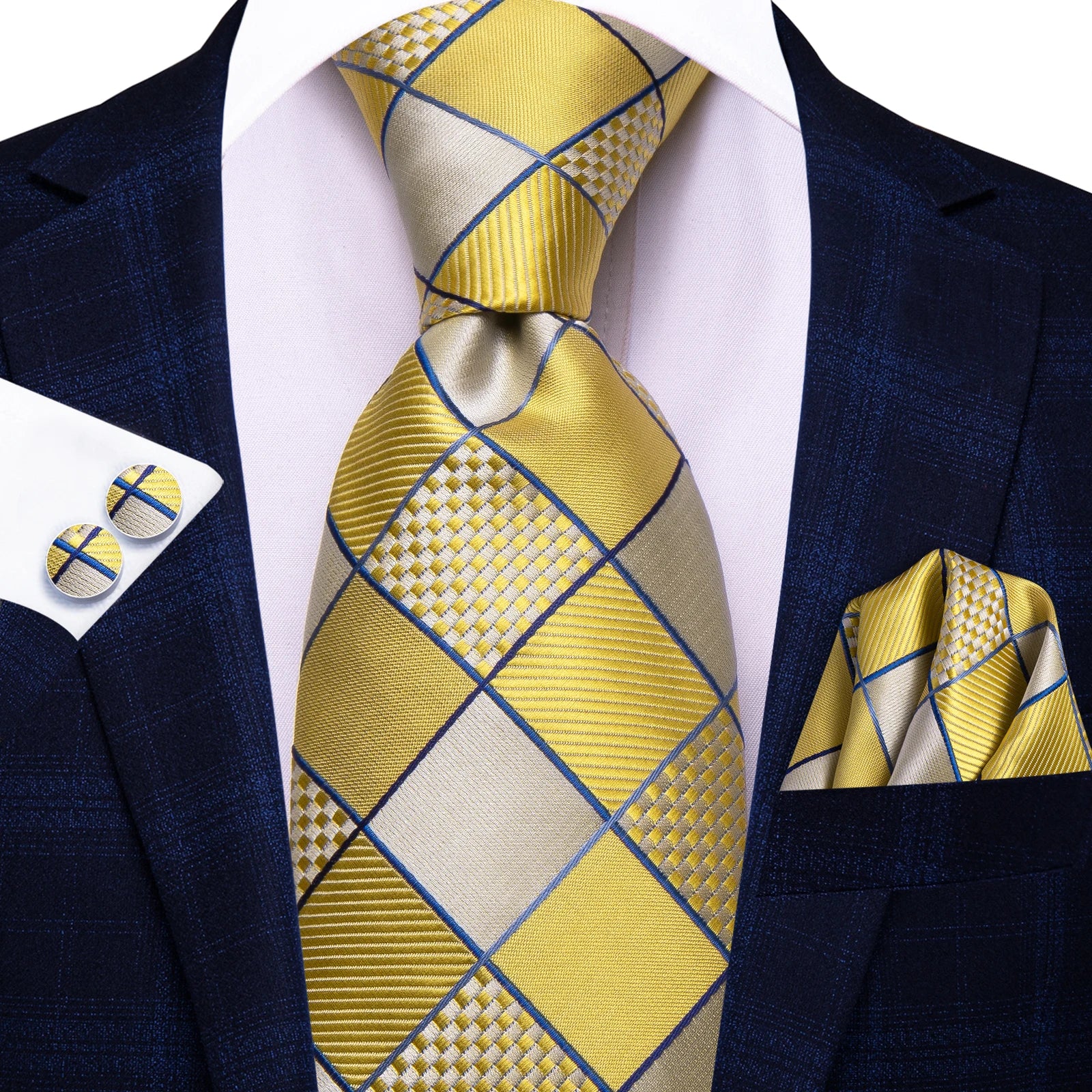Hi-tie Mens Tie Blue Checks Plaids Silk Wedding Men Fashion Design Qme HT-N-0180