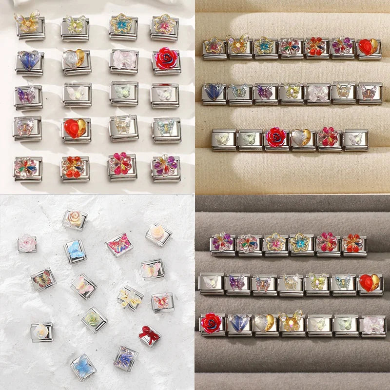 Fashion Colorful Y2K Heart Blue Purple Butterfly Italian Link Fit 9mm Stainless Steel Jewelry Making Charms Bracelets DIY Gifts Qme