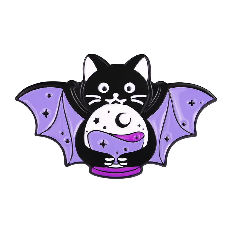Witch Enamel Pin Punk Black White Cat Brooch Magic Hat Badge Book Wings Lapel Animal Goth Purple Crystal Jewelry Gifts Wholesale Qme style 1