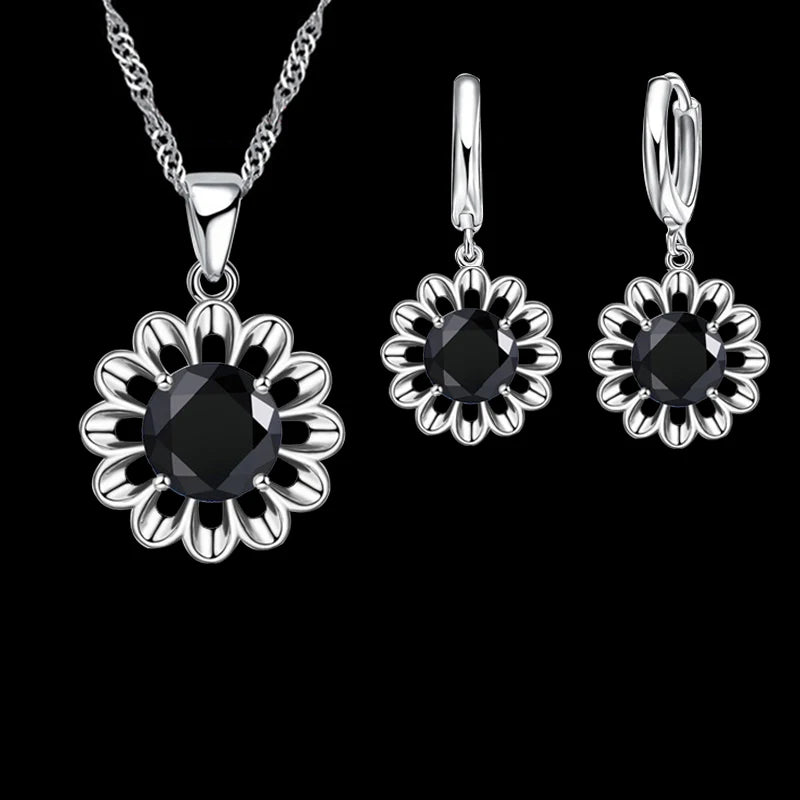 New Fashion Wedding Jewelry Set Women Top Quality 925 Sterling Silver Color Crystal Pendant Necklace Hoop Earring Big Promotion Qme Black