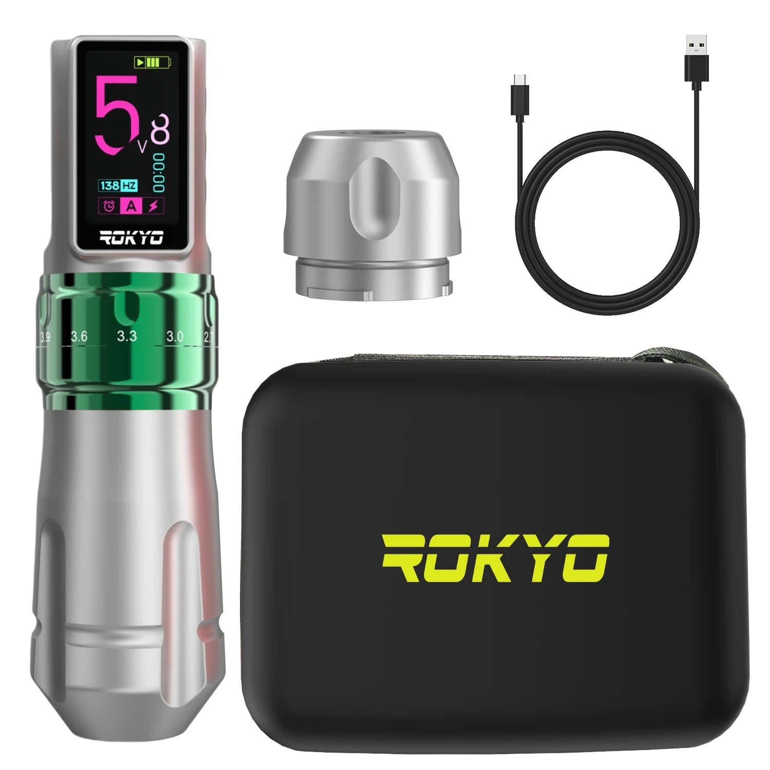 Adjustable Stroke Wireless Tattoo Pen Machine Gun 2.4-4.2mm Rechargeable Battery 2000mAh For Profession PMU Tattoo Supplies Qme Silver Green Pen