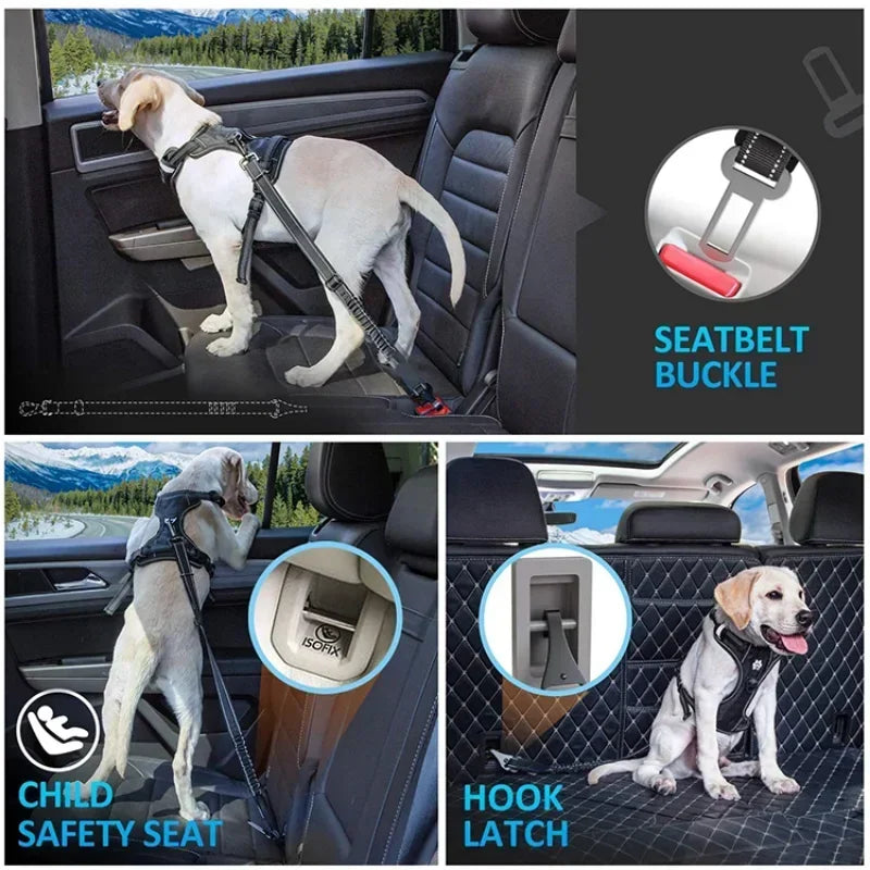 2pcs 3-in-1 Adjustable Reflective Bungee Tether Dog Car Harness with Clip Hook Latch & Buckle for Dogs Pets Safety Seatbelt Qme