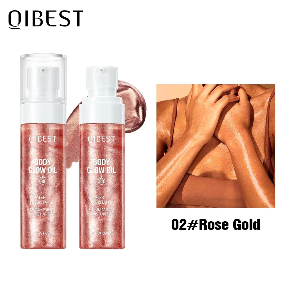 QIBEST Liquid Highlighter Gold Shimmer Oil Waterproof Smooth Diamond Face Body Glow Illuminator Body Highlight Lasting Cosmetics Qme 02 Rose Gold