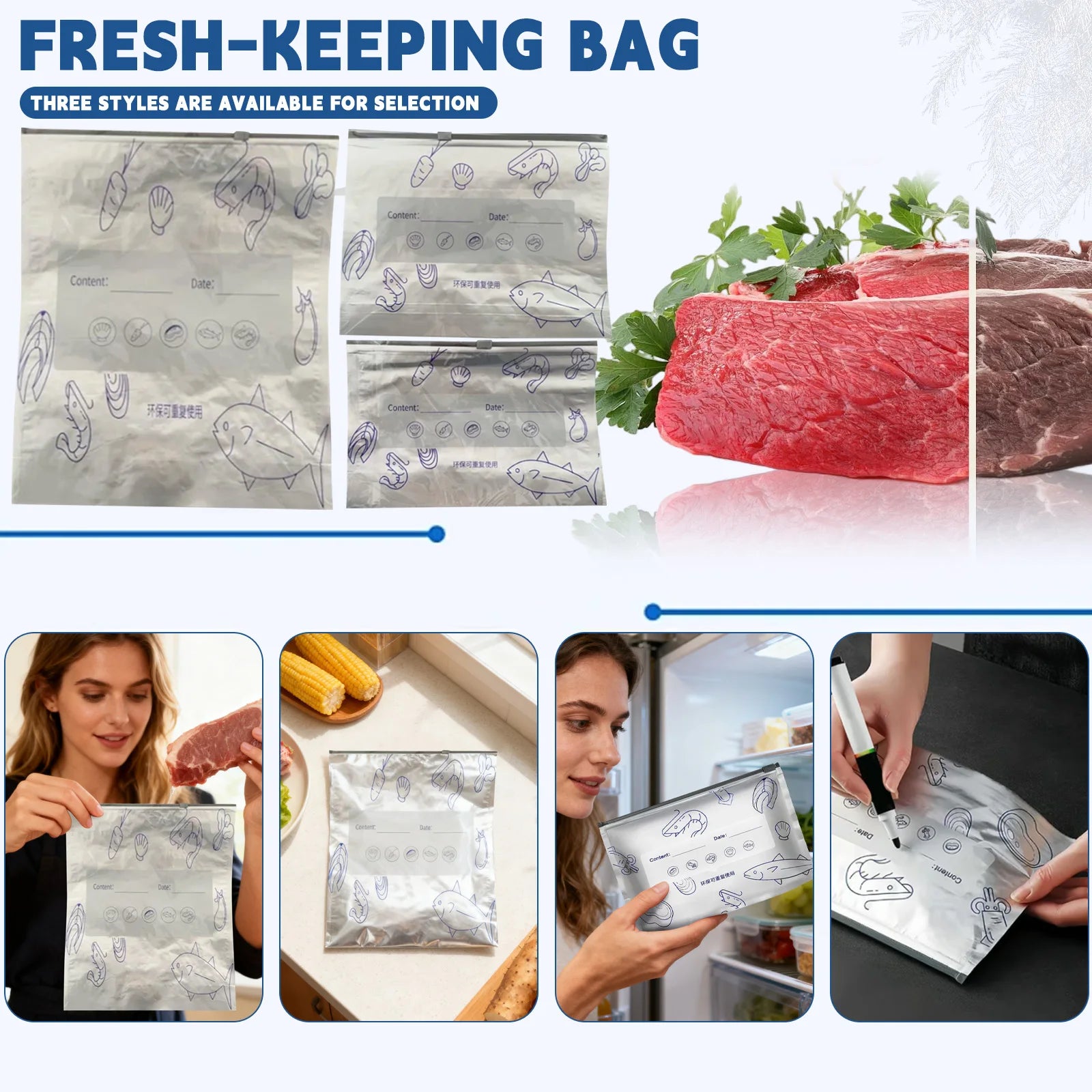 20PCS Reusable Zipper Sealable Storage Bags Leakproof Food Containers for Fruit Vegetable Kitchen Food Storage Organizer Pouches Qme