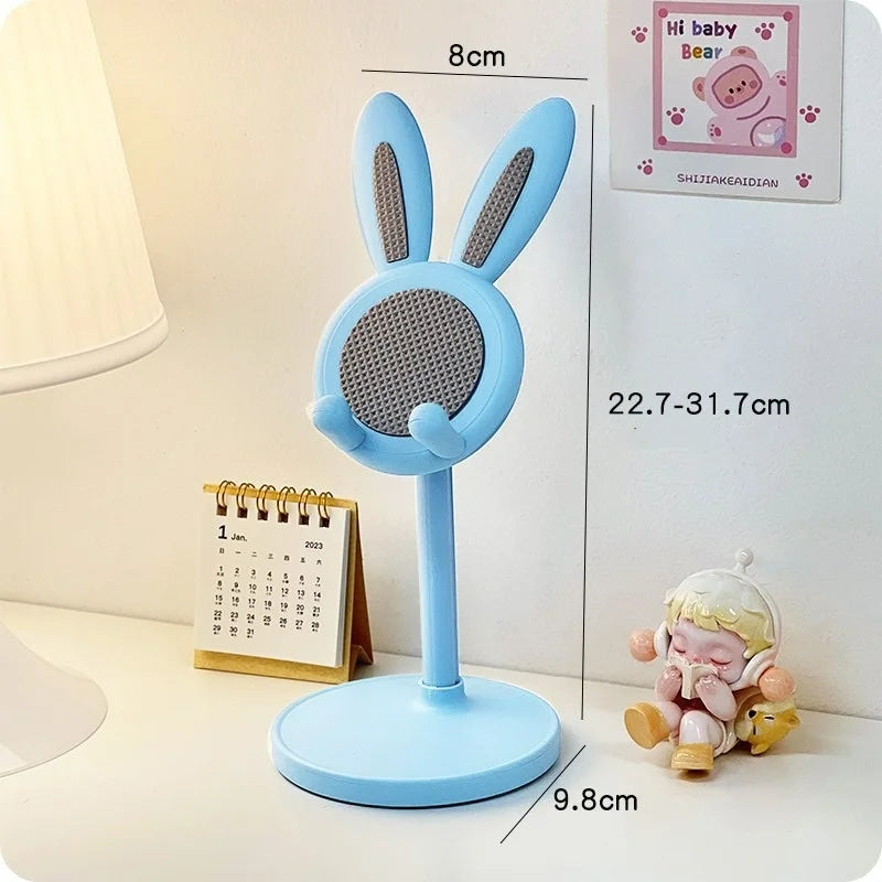 Cute Rabbit Mobile Phone Stand Desktop Adjustable Telescopic Lift Lazy Stand Cartoon Bunny Phone Holder For iPhone IPad Samsung Qme Sky Blue