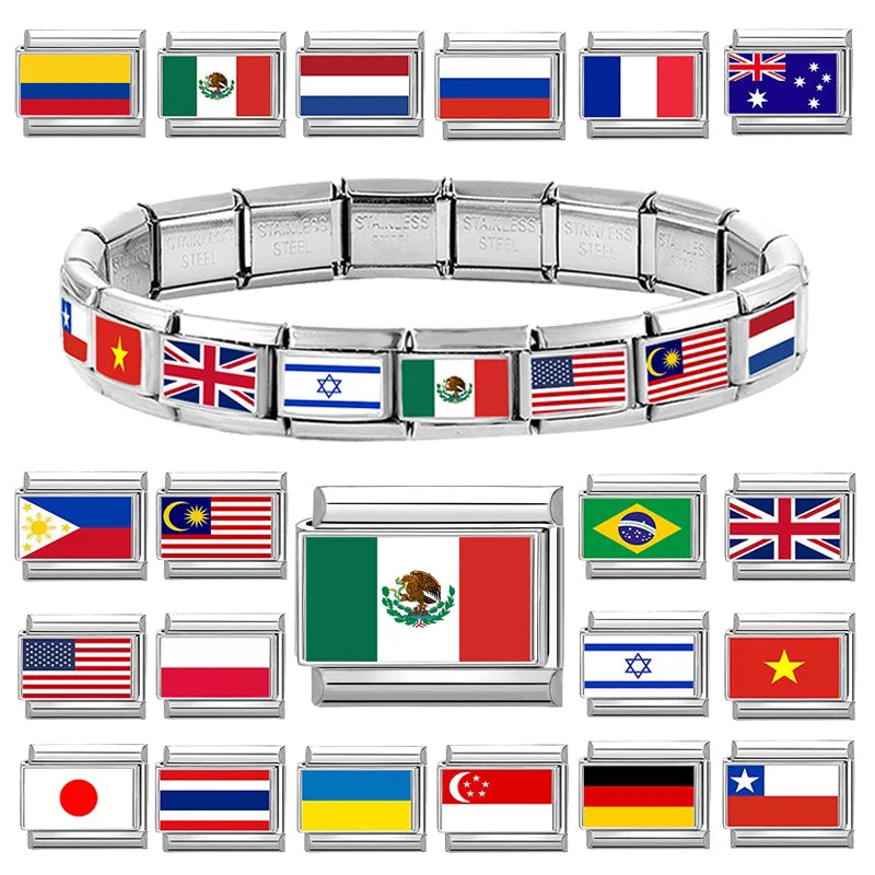 2025 Fashion Photo Italian Charm Bracelet 9mm Diy Color National Flag Series of Each Country Mexico,America,Britain,Italy,Israel Qme