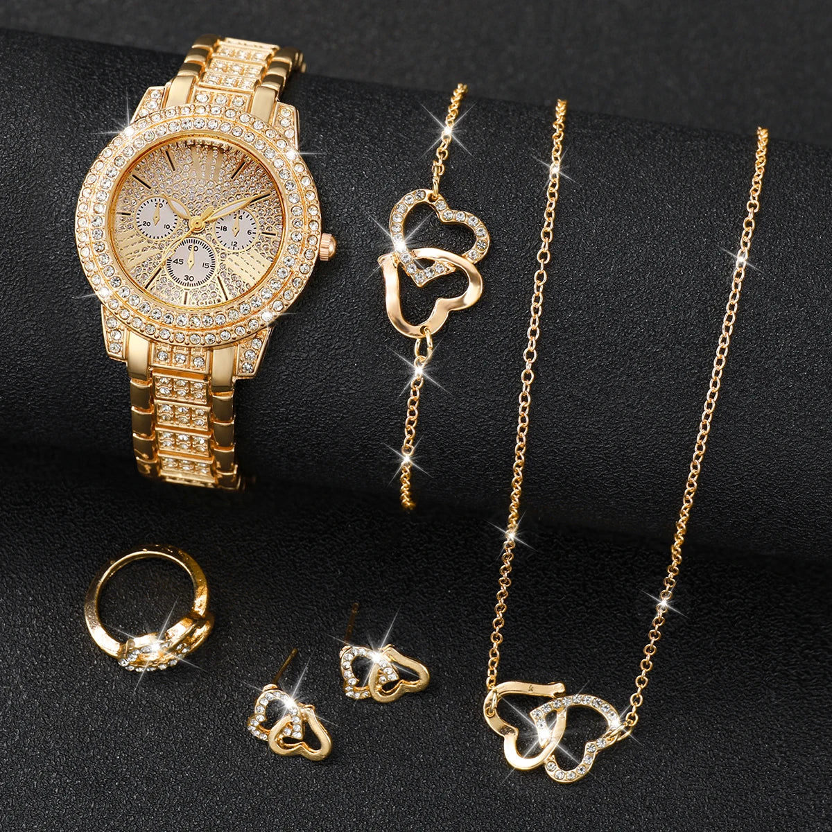6PCS Luxury Rhinestone Women Watch Jewelry Set Ladies Fashion Alloy Strap Quartz Wristwatch Reloj Mujer Girls Clock(Without Box) Qme