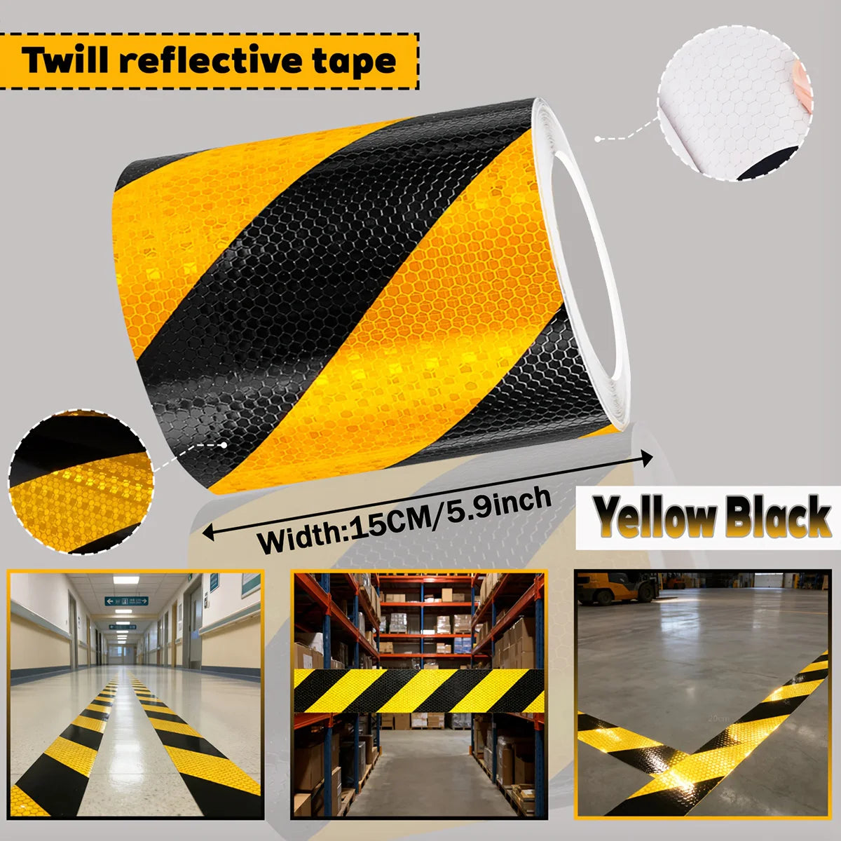 Twill ReflectiveTape High Visibility Self-Adhesive Safety Warning Sticker Conspicuity For Truck Qme Yellow Black-15cm 1m