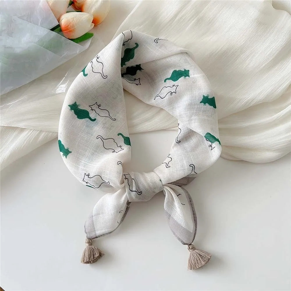 Neck Wrap Cotton-linen Square Scarf Fringed Breathable Hair Bandana Qme Style 14
