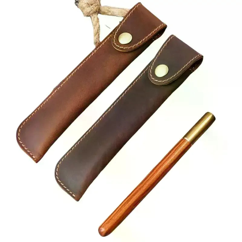 PU Leather Pen Holder Brass Snap Closure Fine Stitching Slim Pencil Qme
