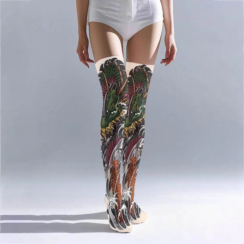 Sexy Long Tube Thigh-high Stockings Imitation Tattoo Pattern Velvet Qme