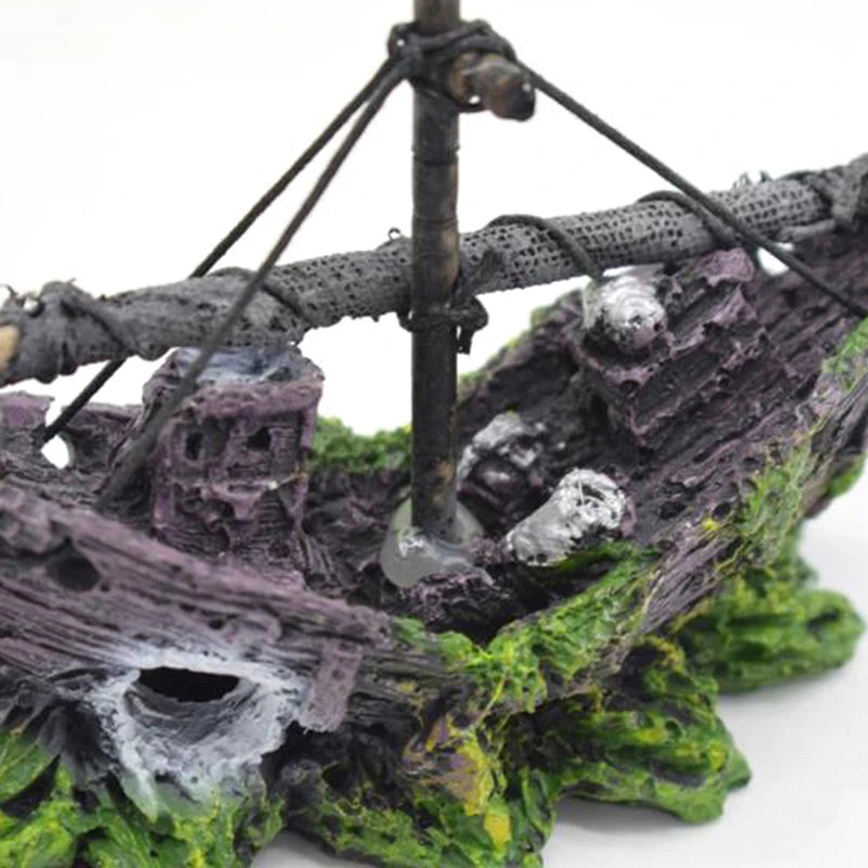 Aquarium Ornament Wreck Sunk Ship Sailing Boat Destroyer Fish Tank Cave Decor. Qme