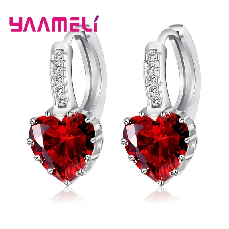 Big Sale 925 Sterling Silver Color Loop Hoop Earrings Candy Cubic Zircon Charms Women Jewelry Wedding Accessory Brincos Qme Red heart
