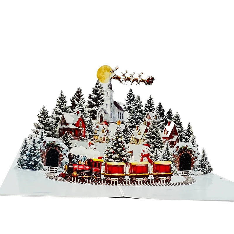 3D Christmas Card Night Before Scene Santa Reindeer Snowy Village Qme