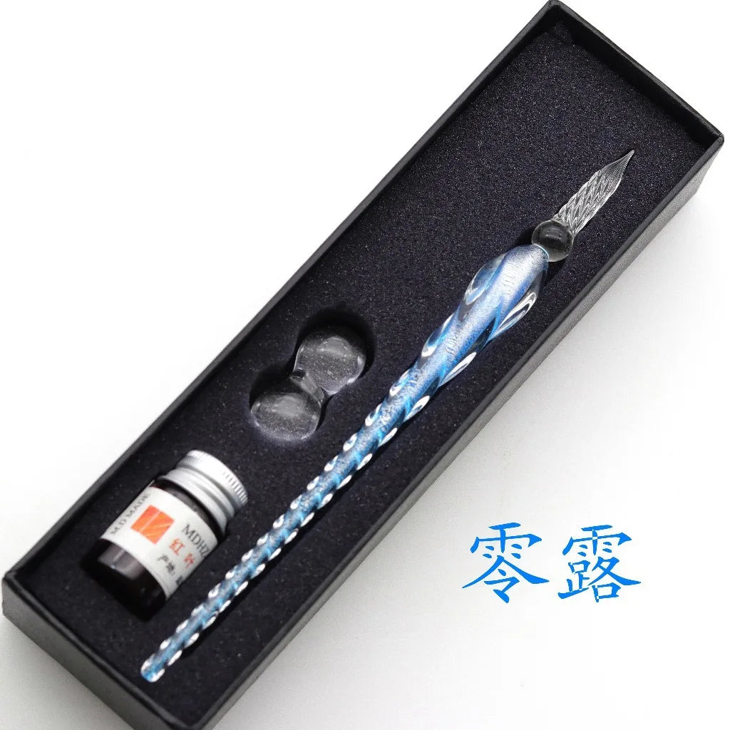 Crystal Glass Dipping Pen Box Colorful Gold Powder Ink Signature Qme C