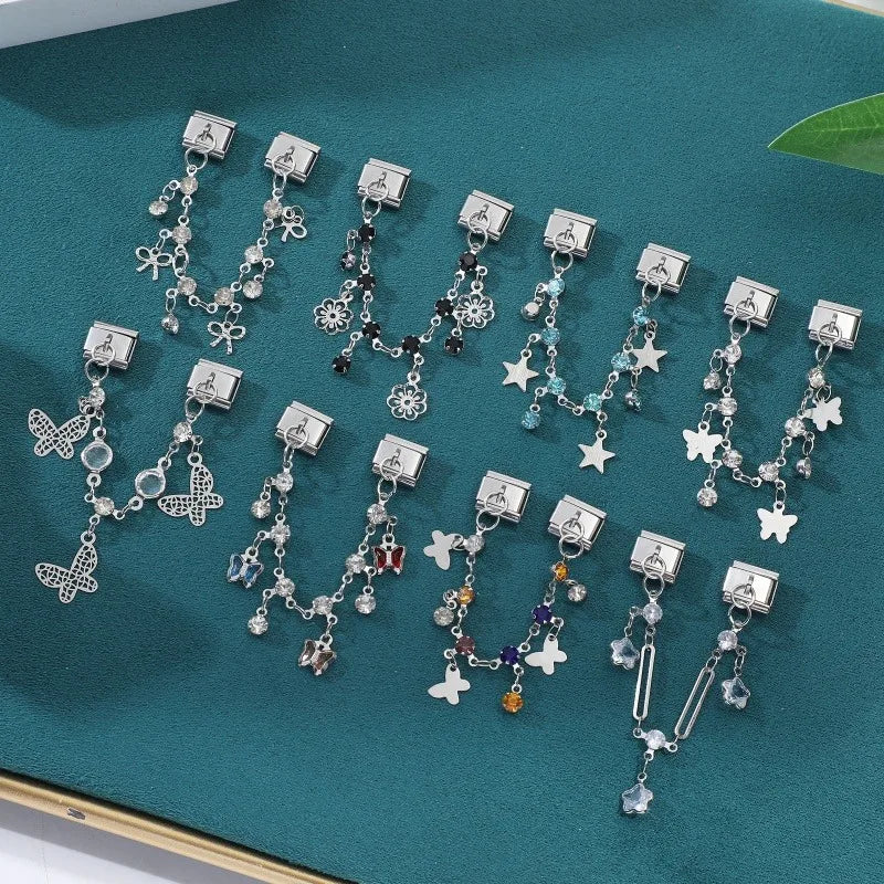 New 9MM Italian Charm Module Inlaid Crystal Zircon Tassel Chain Buckle Bead Female DIY Elastic Bracelet Jewelry Accessories Gift Qme