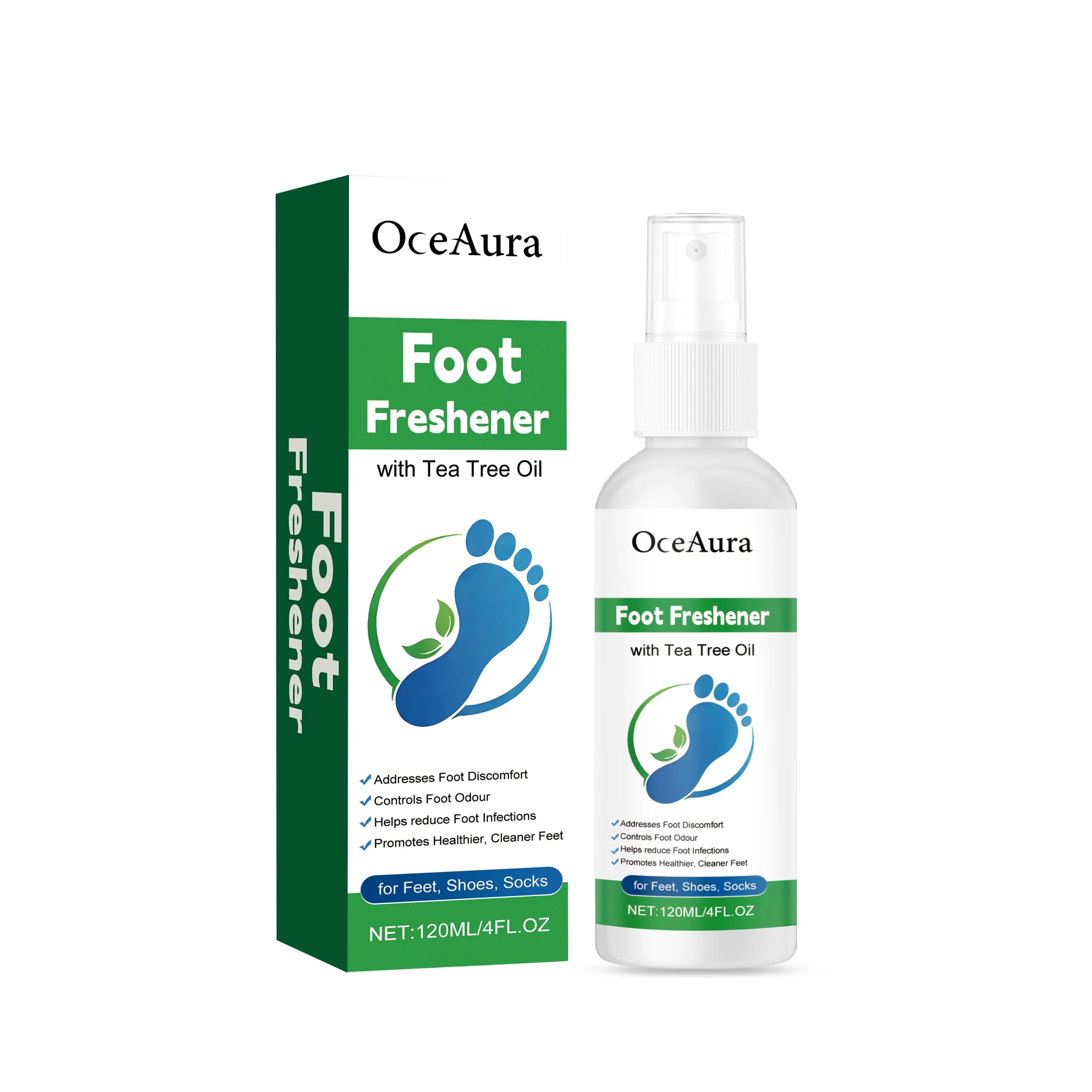 OceAura Foot Freshener Spray with Tea Tree Oil Deodorizing Sweat Absorbing Odor Eliminating Moisturizing Refreshing Foot Spray Qme 120ml