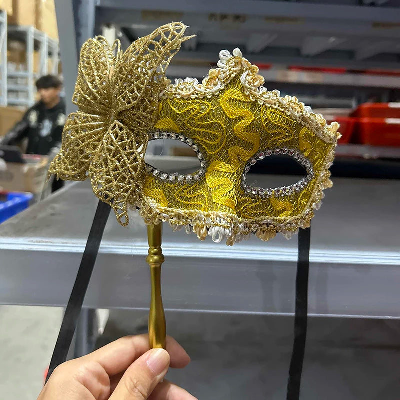 Halloween Party Mask With Holding Stick Evening Prom Masquerade Mask Stage Cosplay Props Half Face Masks For Women Qme Gold