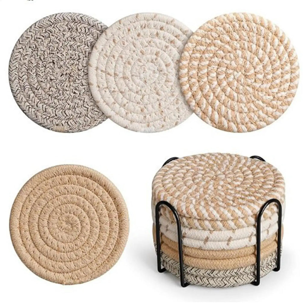Absorbent Coasters 8 Pieces Absorbent Cup Mat With Holder 4.3 Inch Heat-Resistant Cotton Rope Desk Coaster For Table Home Coffee Qme