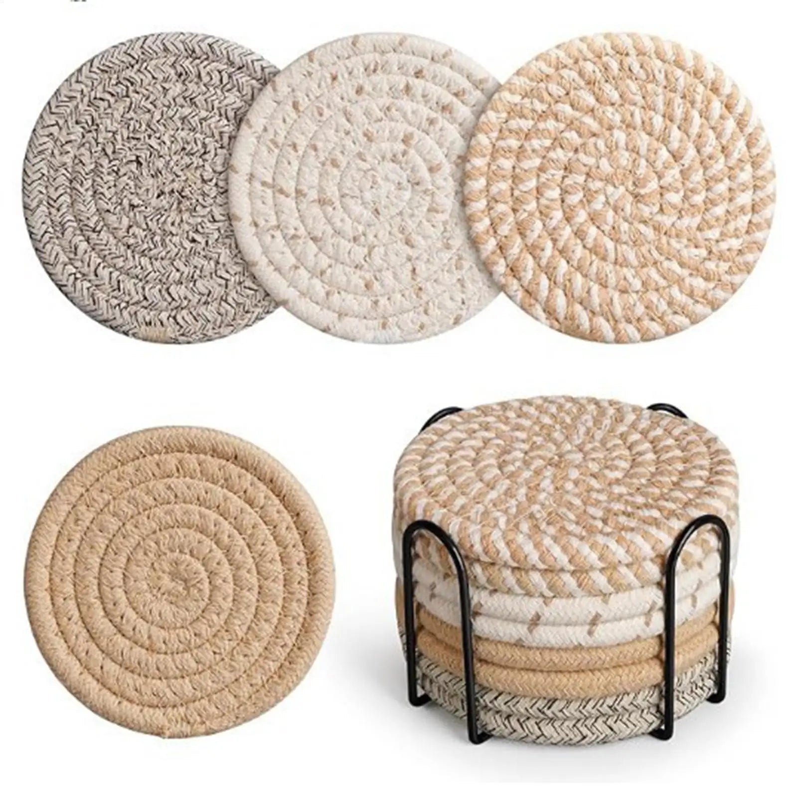 Absorbent Coasters 8 Pieces Absorbent Cup Mat With Holder 4.3 Inch Heat-Resistant Cotton Rope Desk Coaster For Table Home Coffee Qme