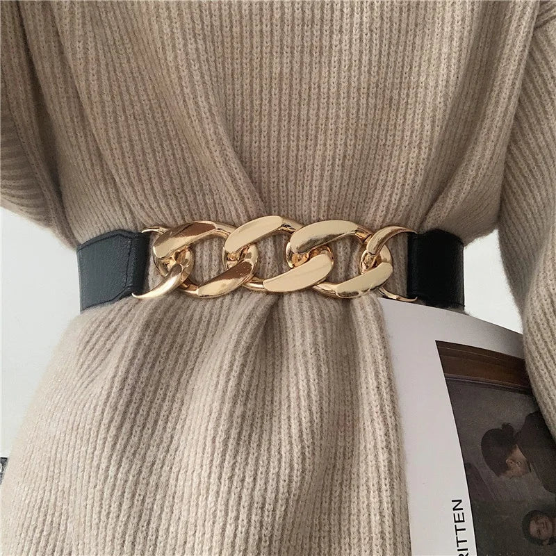Elastic Wide Metal Chain Buckle Belt Lady Girls PU Leather Rivet Qme