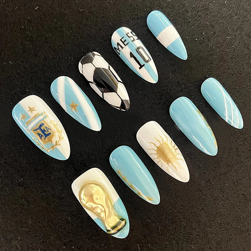 Luxury Argentina National Team Almond Press On False Nails Elegant Argentina Flag Pattern Artificial Nail Tips Qme
