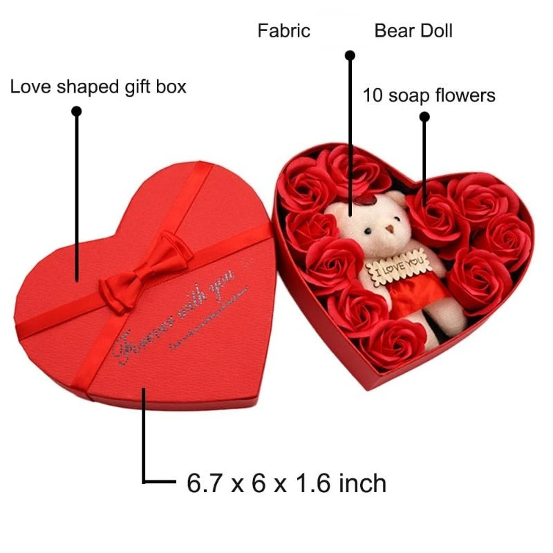 Valentine's Day 10 Floral Rose Artificial Flowers 1 Bear Box Qme