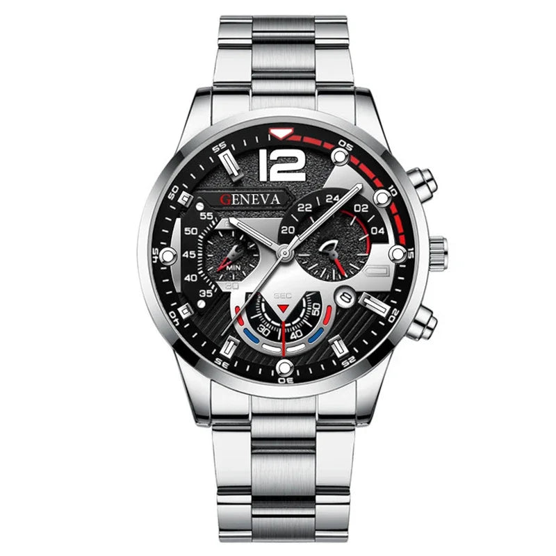 GENEVA Men's Creative Six-Pin Watch Alloy Steel Band Quartz Watch Men Watch New Luxury Men's Quartz WristWatch Qme 7-Silver-Black
