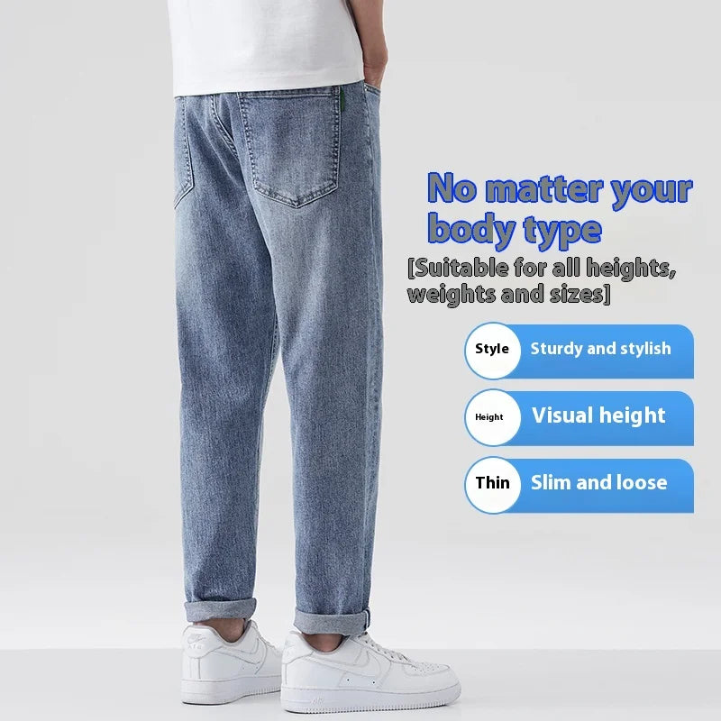 Light-washed Loose Fit Men's Straight Leg Casual Nine-point Jeans with Tapered Ripped Long Pants Stretchy Summer Qme