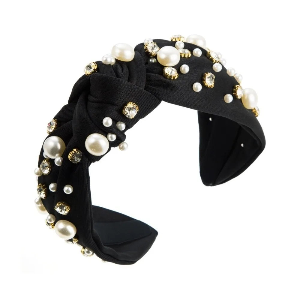 Solid Color Rhinestone Pearl Hairband Wide Edge Nail Pearl Head Hoop Hair Ornament Knot Style Baroque Headband Hair Accessories Qme Black