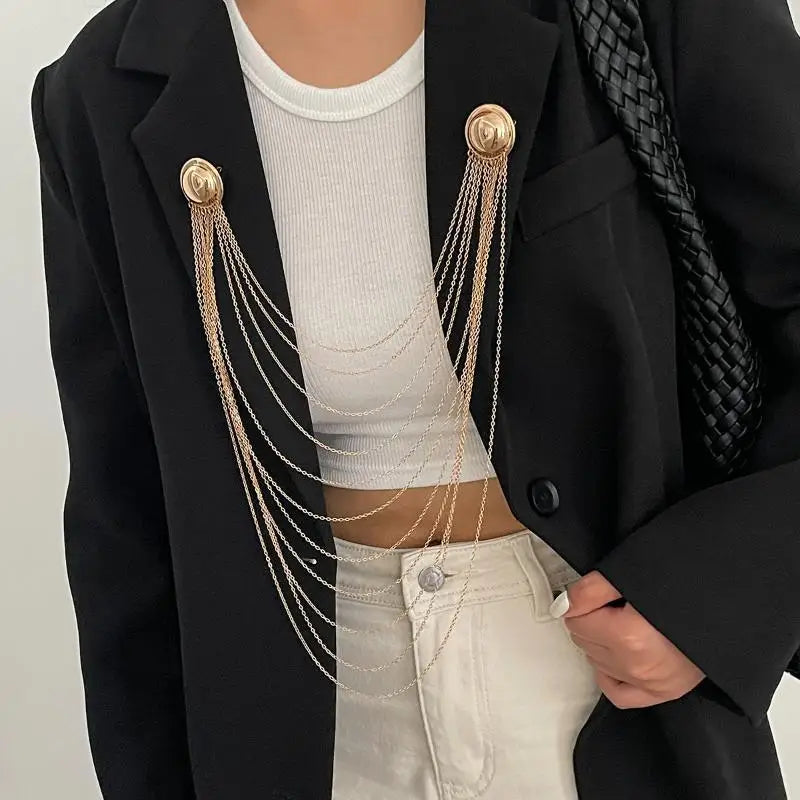 Creative Iron Tassel Chain Brooch Multi Layer Exaggerated Geometric Pearl Pins Clip Fashion Banquet Jewelry Accessories Qme A1