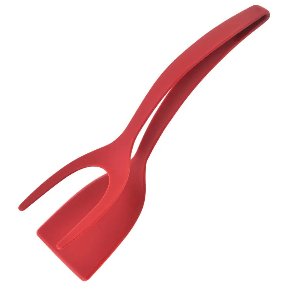 2-in-1 Silicone Egg Flipper Tongs Non-stick Spatula Fish French Toast Qme Red
